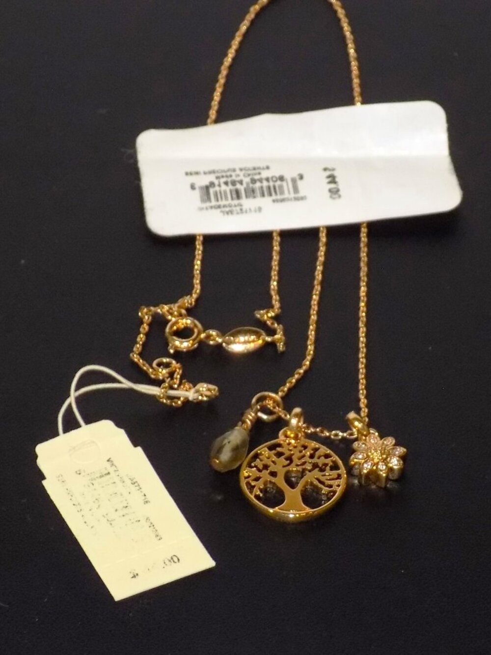 New Fossil Triple Charm Necklace, Semiprecious Accents.  Tree of Life, Flower